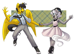Size: 3844x2843 | Tagged: safe, artist:pixel-prism, oc, oc only, oc:carbon copy, oc:steelshine, species:anthro, species:pegasus, species:pony, species:unguligrade anthro, species:unicorn, armpits, clothing, couple, dancing, dress, female, fun, happy, hat, male, necktie, neighvada nights, pants, shirt, shoes, suspenders