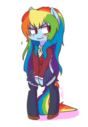 Size: 838x1209 | Tagged: safe, artist:xieril, character:rainbow dash, species:pegasus, species:pony, alternate hairstyle, bipedal, blushing, clothing, cosplay, crossover, cute, dashabetes, embarrassed, female, frown, glare, looking away, mare, no catchlights, pleated skirt, school uniform, schoolgirl, semi-anthro, signature, simple background, skirt, socks, solo, taiga aisaka, thigh highs, toradora, tsunderainbow, tsundere, wavy mouth, white background, zettai ryouiki