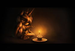 Size: 1600x1091 | Tagged: safe, artist:ventious, character:princess luna, species:alicorn, species:pony, alone, birthday, candle, cupcake, dark, detailed, featured on derpibooru, female, food, frown, happy birthday to me, letterboxing, limited palette, lonely, mare, monochrome, s1 luna, sad, solo, woobie