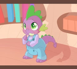 Size: 1280x1146 | Tagged: safe, artist:cuddlehooves, character:spike, species:dragon, baby, baby dragon, blushing, book, bookshelf, claws, clothing, cuddlehooves is trying to murder us, cute, diaper, golden oaks library, male, overalls, poofy diaper, shadow, solo, spikabetes