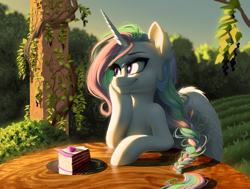Size: 2048x1546 | Tagged: safe, artist:here-for-the-ponies, artist:katputze, character:princess celestia, species:alicorn, species:pony, alternate hairstyle, braid, cake, cakelestia, collaboration, cute, cutelestia, ear fluff, female, mare, smiling, solo