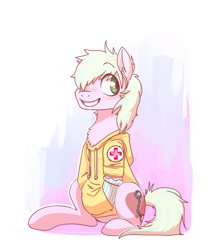 Size: 2170x2520 | Tagged: safe, artist:xieril, oc, oc only, oc:loveshy, blushing, chest fluff, clothing, cute, cutie mark clothes, hoodie, patch, socks, solo, sweater