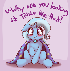 Size: 1280x1302 | Tagged: safe, artist:graphene, character:trixie, species:pony, species:unicorn, blushing, cape, clothing, cute, diatrixes, female, looking at you, mare, raised hoof, sitting, solo, third person, trixie's cape, tsunderixie