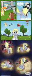 Size: 1280x2952 | Tagged: safe, artist:moemneop, character:derpy hooves, oc, oc:alice goldenfeather, comic:return to equestria, balloon, comic, cutiespark, female, filly, flashback, injured, muffin, reading