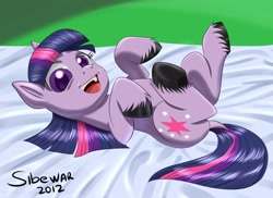 Size: 3509x2550 | Tagged: safe, artist:siberwar, character:twilight sparkle, bed, bellyrubs, cute, female, filly, happy, hooves, legs in air, looking at you, on back, open mouth, smiling, solo, twiabetes, underhoof, unshorn fetlocks