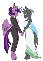 Size: 1725x2454 | Tagged: safe, artist:pixel-prism, character:twilight sparkle, character:twilight sparkle (alicorn), oc, oc:starlit dreams, species:alicorn, species:anthro, species:changeling, species:unguligrade anthro, g4, bedroom eyes, bow tie, bracelet, canon x oc, choker, clothing, cute, cute little fangs, cuteling, dress, element of magic, eye contact, female, frock coat, gay marriage, grin, holding hands, lesbian, mare, shipping, simple background, smiling, spread wings, suit, tailcoat, tuxedo, twiabetes, wedding dress, white background, wings