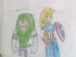 Size: 1024x768 | Tagged: safe, artist:brandonale, character:applejack, my little pony:equestria girls, appleknux, captain america, clothing, cosplay, costume, crossdressing, crossover, knuckles the echidna, sonic boom, sonic the hedgehog (series), the incredible hulk, traditional art