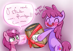 Size: 1101x778 | Tagged: safe, artist:frankier77, character:berry punch, character:berryshine, character:ruby pinch, species:earth pony, species:pony, species:unicorn, bad parenting, bipedal, birthday, birthday card, birthday gift, duo, duo female, female, keg, mother and child, mother and daughter