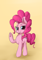 Size: 1280x1827 | Tagged: safe, artist:sourspot, character:pinkie pie, species:earth pony, species:pony, female, looking at you, mare, raised hoof, simple background, solo, yellow background