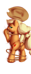 Size: 625x1481 | Tagged: safe, artist:moonlitbrush, character:applejack, species:pony, bedroom eyes, body pillow, body pillow design, butt, clothing, featureless crotch, female, hat, looking at you, looking back, mouth hold, plot, prone, raised tail, rope, smiling, solo, underhoof