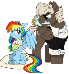 Size: 860x922 | Tagged: safe, artist:dbkit, character:dumbbell, character:rainbow dash, ship:dumbdash, alternate hairstyle, bouquet, clothing, dress, female, flower, male, misleading thumbnail, pillow, shipping, straight