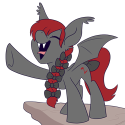 Size: 819x819 | Tagged: safe, artist:pixel-prism, oc, oc only, oc:falalalan, species:bat pony, species:pony, bow, braid, fangs, music notes, open mouth, raised hoof, singing, solo, tail bow, tongue out