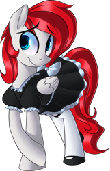 Size: 910x1409 | Tagged: safe, artist:january3rd, oc, oc only, oc:air raid, species:pegasus, species:pony, fallout equestria, :t, clothing, commission, crossdressing, crossed hooves, cute, fallout equestria: outlaw, featured on derpibooru, femboy, folded wings, looking at you, looking back, maid, male, ocbetes, raised hoof, sexy, shoes, shy, simple background, smiling, solo, stallion, transparent background, trap
