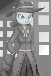 Size: 1689x2477 | Tagged: safe, artist:wolfy-pony, character:rarity, species:anthro, episode:rarity investigates, g4, my little pony: friendship is magic, clothing, detective rarity, female, grayscale, hat, limited palette, monochrome, neo noir, partial color, selective color, solo, trenchcoat