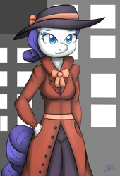 Size: 1689x2477 | Tagged: safe, artist:wolfy-pony, character:rarity, species:anthro, episode:rarity investigates, g4, my little pony: friendship is magic, clothing, detective rarity, female, hat, solo, trenchcoat