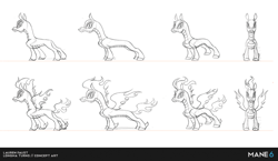 Size: 620x359 | Tagged: safe, artist:lauren faust, community related, character:tianhuo, species:longma, them's fightin' herds, mane of fire, monochrome