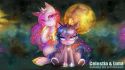 Size: 1920x1080 | Tagged: safe, artist:girlsay, character:angel bunny, character:princess celestia, character:princess luna, filly, mare in the moon, moon, moon bunny, pink-mane celestia, pixiv, sitting, stars, underhoof, wallpaper, woona, younger
