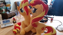 Size: 3264x1836 | Tagged: safe, artist:onlyfactory, character:sunset shimmer, species:human, species:pony, 3ds, amiibo, board game, bootleg, dice, female, hug, imminent kissing, irl, irl human, lesbian, mario, new 3ds, nintendo ds, photo, plushie, ponidox, self ponidox, selfcest, shipping, super mario bros.