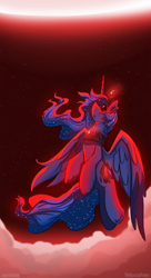 Size: 1600x2935 | Tagged: safe, artist:dracojayproduct, character:princess luna, black sclera, blood moon, female, flying, moon, solo
