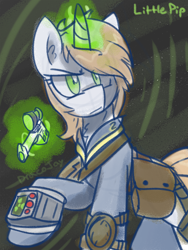 Size: 1600x2133 | Tagged: safe, artist:dracojayproduct, oc, oc only, oc:littlepip, species:pony, species:unicorn, fallout equestria, clothing, fanfic, fanfic art, female, glowing horn, gun, handgun, little macintosh, magic, mare, pipbuck, revolver, solo, telekinesis, vault suit, weapon