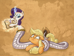 Size: 3000x2250 | Tagged: safe, artist:pirill, character:applejack, character:rarity, species:earth pony, species:lamia, species:pony, newbie artist training grounds, 2015, book, constriction, fangs, female, forked tongue, implied vore, lamity, magic, mare, monster pony, original species, species swap, teary eyes