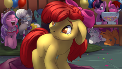 Size: 5400x3039 | Tagged: dead source, safe, artist:noben, character:apple bloom, character:berry punch, character:berryshine, character:diamond tiara, character:scootaloo, character:silver spoon, character:sweetie belle, character:twilight sparkle, species:earth pony, species:pegasus, species:pony, species:unicorn, episode:call of the cutie, g4, my little pony: friendship is magic, bee bop, bow, bully, bullying, clothing, crying, cup, cutie mark crusaders, cyan skies, eyes closed, female, filly, floppy ears, glasses, hair bow, harpica heartstrings, laughing, open mouth, scene interpretation, smiling, table