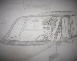 Size: 3691x2887 | Tagged: safe, artist:missmayaleanne, character:twilight sparkle, character:twilight sparkle (scitwi), species:eqg human, my little pony:equestria girls, driving, female, ford, grayscale, humanized, monochrome, ohio, solo, toledo, traditional art, truck