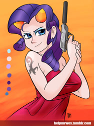 Size: 2000x2666 | Tagged: safe, artist:mrw32, character:rarity, big breasts, breasts, busty rarity, clothing, dress, female, gun, handgun, high res, horns, humanized, no trigger discipline, pistol, solo, suppressor, tattoo, team fortress 2, weapon