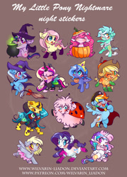 Size: 2074x2891 | Tagged: safe, artist:wilvarin-liadon, character:applejack, character:derpy hooves, character:flutterbat, character:fluttershy, character:lyra heartstrings, character:pinkie pie, character:princess cadance, character:princess celestia, character:princess luna, character:queen chrysalis, character:rainbow dash, character:rarity, character:trixie, character:twilight sparkle, oc, oc:fluffle puff, species:alicorn, species:bat pony, species:changeling, species:earth pony, species:pegasus, species:pony, species:unicorn, angry, ballerina, bipedal, blushing, bow, broom, brown background, candy, cat, cauldron, changeling queen, cheese, cheeselegs, chibi, clothing, costume, cute, cutealis, cutedance, cutelestia, dashabetes, derpabetes, diapinkes, diatrixes, eyes closed, female, flufflebetes, fluffy, flying, flying broomstick, hat, jackabetes, ladybug, leg in air, looking at you, lunabetes, lyrabetes, mummy, nightmare night, nymph, one eye closed, open mouth, pirate, pirate dash, pumpkin, queen swissalis, race swap, raribetes, shyabates, shyabetes, simple background, sitting, smiling, spread wings, sticker, tutu, twiabetes, underhoof, wings, witch, witch hat