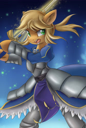Size: 3750x5625 | Tagged: safe, artist:ardail, character:applejack, species:anthro, species:earth pony, species:pony, absurd resolution, armor, clothing, crossover, ear fluff, excalibur, fate/stay night, female, open mouth, saber, solo, sword, weapon