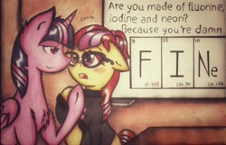 Size: 2482x1602 | Tagged: safe, artist:canvymamamoo, character:moondancer, character:twilight sparkle, character:twilight sparkle (alicorn), species:alicorn, species:pony, ship:twidancer, chemistry joke, dialogue, female, fluorine, glasses, iodine, lesbian, mare, neon, nerd, periodic table, science, senpai noticed me, shipping