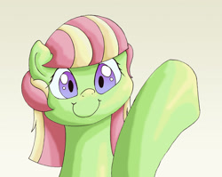 Size: 2620x2084 | Tagged: safe, artist:seenty, oc, oc only, oc:budding spring, species:pony, female, mare, simple background, smiling, solo, waving, yellow background