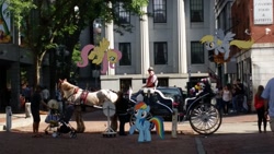 Size: 1043x587 | Tagged: safe, artist:anxet, artist:calumoninc, artist:kooner-cz, artist:thedoubledeuced, character:derpy hooves, character:fluttershy, character:rainbow dash, species:human, baby carriage, boston, building, car, carriage, faneuil hall marketplace, flag, floating, flower, horse, horse-pony interaction, irl, irl horse, photo, ponies in real life, tree, vector