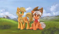 Size: 7500x4342 | Tagged: safe, artist:ardail, character:applejack, species:earth pony, species:pony, absurd resolution, accessory swap, bandana, crossover, cute, death mountain, epona, eponadorable, female, freckles, grass, hyrule field, lon lon ranch, looking up, mare, nintendo, open mouth, ponified, raised hoof, sitting, sky, the legend of zelda, the legend of zelda: ocarina of time