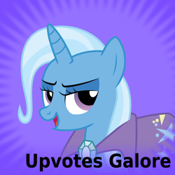 Size: 1024x1024 | Tagged: safe, artist:joey, derpibooru original, character:trixie, species:pony, species:unicorn, derpibooru, bedroom eyes, best pony, bust, cape, clothing, eyeshadow, female, lidded eyes, looking at you, makeup, mare, meta, open mouth, portrait, simple background, smiling, smug, solo, spoilered image joke, trixie's cape, was there ever any doubt?