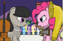 Size: 3019x2000 | Tagged: safe, artist:ashtoneer, character:fluttershy, character:octavia melody, character:pinkie pie, character:rainbow dash, character:rarity, character:twilight sparkle, banjo, cello, harmonica, musical instrument, showdown, tambourine, tuba