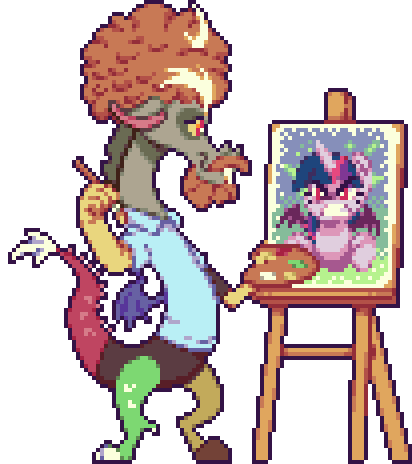 Size: 412x464 | Tagged: safe, artist:mrponiator, character:discord, character:twilight sparkle, character:twilight sparkle (alicorn), species:alicorn, species:pony, episode:what about discord?, g4, my little pony: friendship is magic, animated, bob ross, draconiross, female, mare, paintbrush, painting, pixel art, season 5 pixel art, simple background, solo, transparent background