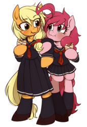 Size: 659x965 | Tagged: safe, artist:umeguru, character:applejack, character:pinkie pie, species:pony, :t, alternate hairstyle, bipedal, blushing, clothing, crepe, eating, eye contact, food, looking at each other, open mouth, puffy cheeks, sailor uniform, school uniform, schoolgirl, semi-anthro, simple background, smiling, socks, white background