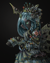 Size: 1200x1500 | Tagged: safe, artist:saturnspace, character:queen chrysalis, species:changeling, bipedal, bracelet, braid, changeling queen, clothing, costume porn, crown, detailed, dress, epic, fangs, featured on derpibooru, female, flower, flower in hair, frilly dress, frown, heart, jewelry, photoshop, portrait, simple background, solo, steampunk, technically advanced