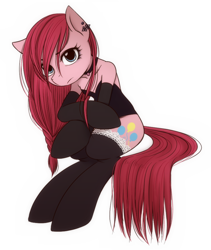 Size: 828x980 | Tagged: safe, artist:umeguru, character:pinkamena diane pie, character:pinkie pie, species:anthro, species:earth pony, species:pony, species:unguligrade anthro, clothing, evening gloves, female, frown, gloves, goth, lace, looking at you, mare, piercing, sad, semi-anthro, socks, solo, stockings, thigh highs