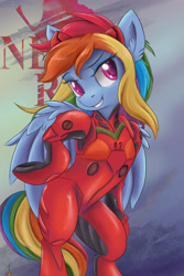 Size: 3750x5625 | Tagged: safe, artist:ardail, character:rainbow dash, species:pegasus, species:pony, abstract background, absurd resolution, bipedal, clothing, cosplay, costume, crossover, ear fluff, female, mare, neon genesis evangelion, plugsuit, semi-anthro, solo, souryuu asuka langley, underhoof