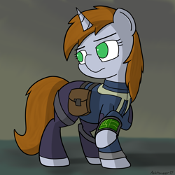 Size: 4000x4000 | Tagged: safe, artist:ashtoneer, oc, oc only, oc:littlepip, species:pony, species:unicorn, fallout equestria, absurd resolution, clothing, fanfic, fanfic art, female, mare, pipbuck, saddle bag, solo, vault suit