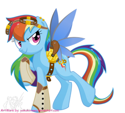 Size: 880x800 | Tagged: safe, artist:yokokinawa, character:rainbow dash, species:pegasus, species:pony, alternate cutie mark, amputee, augmented, boots, female, goggles, implied amputation, mare, prosthetic limb, prosthetic wing, prosthetics, simple background, solo, steampunk, transparent background, wingless