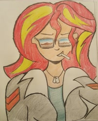 Size: 2988x3706 | Tagged: safe, artist:missmayaleanne, character:sunset shimmer, my little pony:equestria girls, cigarette, clothing, colored sketch, dog tags, female, leather jacket, solo, sunglasses, traditional art