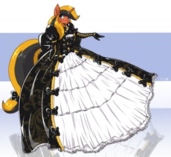 Size: 1280x1176 | Tagged: safe, artist:helixjack, oc, oc only, oc:help desk, species:anthro, species:pony, species:unicorn, bow, clothing, commission, dress, gloves, goth, gown, horn, latex, latex dress, poofy shoulders, rubber, ruffles, solo, tail bow, unicorn oc