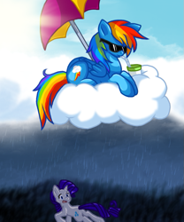 Size: 639x768 | Tagged: safe, artist:fizzy-dog, character:rainbow dash, character:rarity, cloud, cloudy, drink, rain, sunglasses, umbrella
