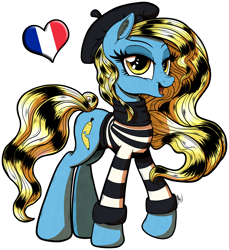 Size: 2000x2188 | Tagged: safe, artist:gray--day, oc, oc only, oc:madame banane, beatnik, beret, clothing, france, heart, solo, striped shirt