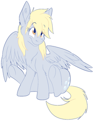 Size: 773x992 | Tagged: safe, artist:fizzy-dog, character:derpy hooves, species:pegasus, species:pony, g4, chest fluff, cute, derpabetes, eyebrows, eyebrows visible through hair, female, leg fluff, mare, simple background, sitting, smiling, solo, underhoof, white background, wings