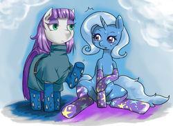 Size: 599x439 | Tagged: safe, artist:suzumaru, artist:wonton soup, character:maud pie, character:trixie, species:pony, species:unicorn, ship:mauxie, clothing, collaboration, female, lesbian, mare, shipping, socks