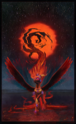 Size: 1024x1662 | Tagged: safe, artist:cosmicunicorn, character:nightmare star, character:princess celestia, female, lava, raised hoof, red sun, solo, spread wings, stars, sun, wings